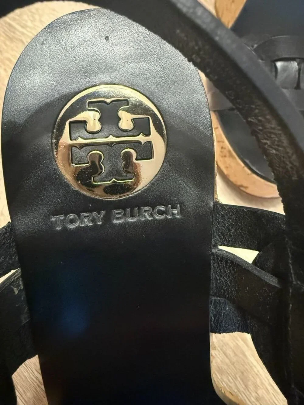 Tory Burch Black Leather Wedge Sandals Cork Heels 7.5 M